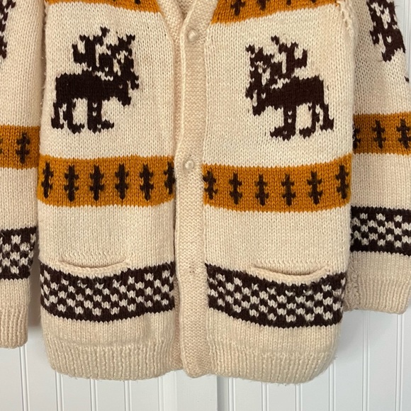 Vintage Cardigan Sweater Moose Stripes Checkerboard Mustard Handmade Cowichan - Picture 12 of 15